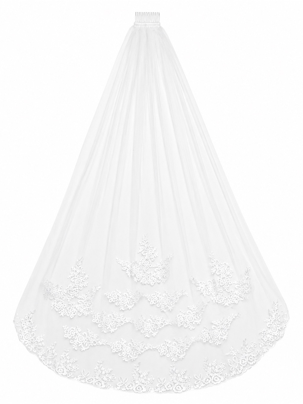 New White Cathedral Bridal Veil with Lace Appliqué & Comb Wedding Veil - Picture 2 of 5